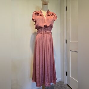 Rose ruffle cinched midi dress pleated